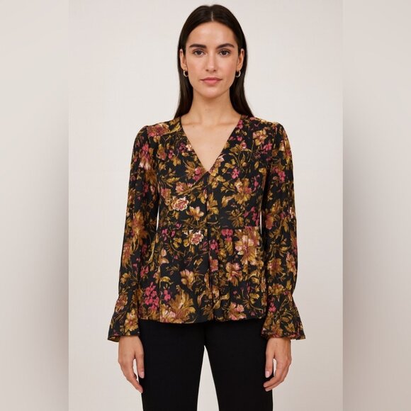 Anthropologie Button Front Peplum Hem Black Floral Ruffle Cuff Blouse Size Small - Picture 1 of 13